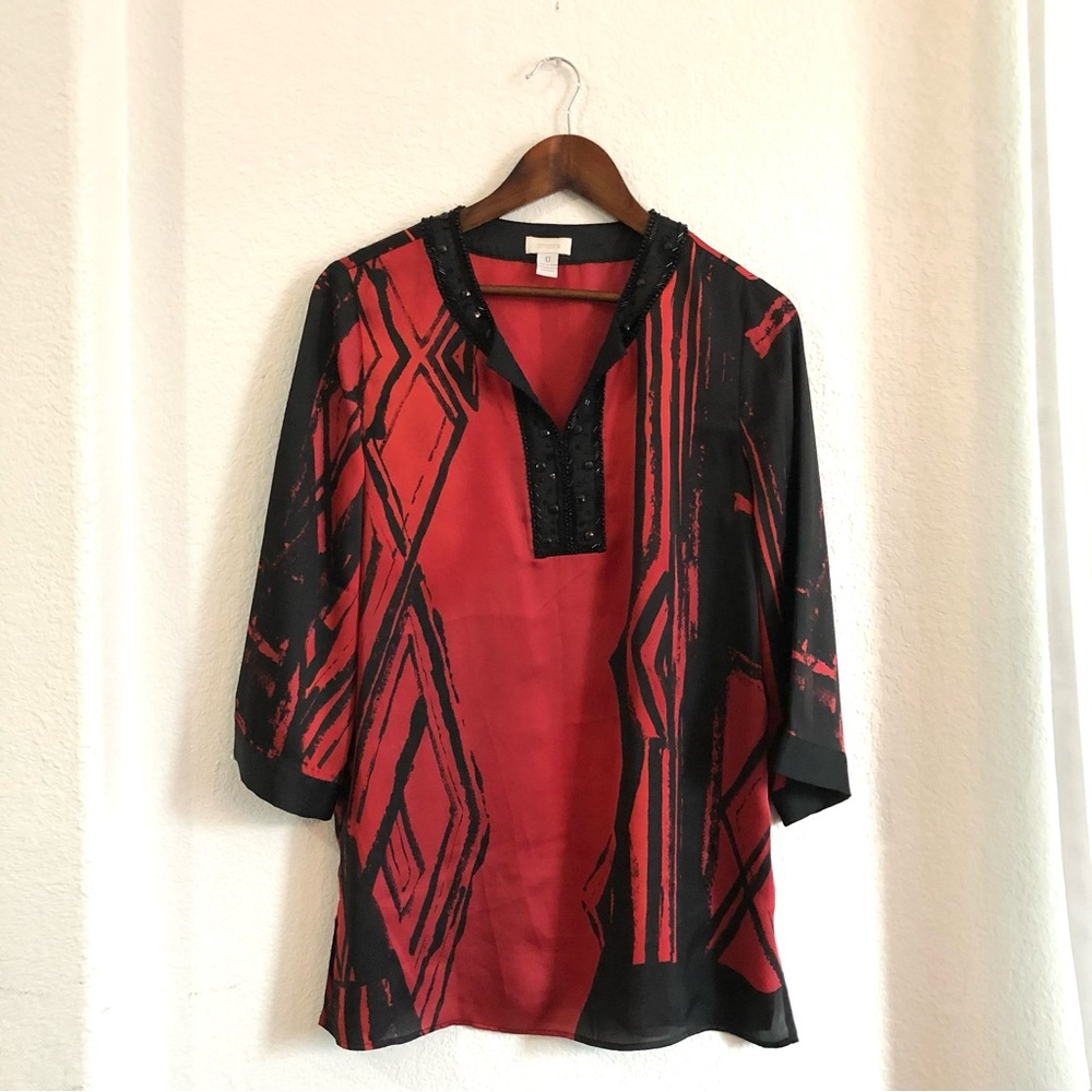 Chico’s Womens Shirt Blouse Red Black Beaded Neckline 3/4 Sleeve Size 0 Small